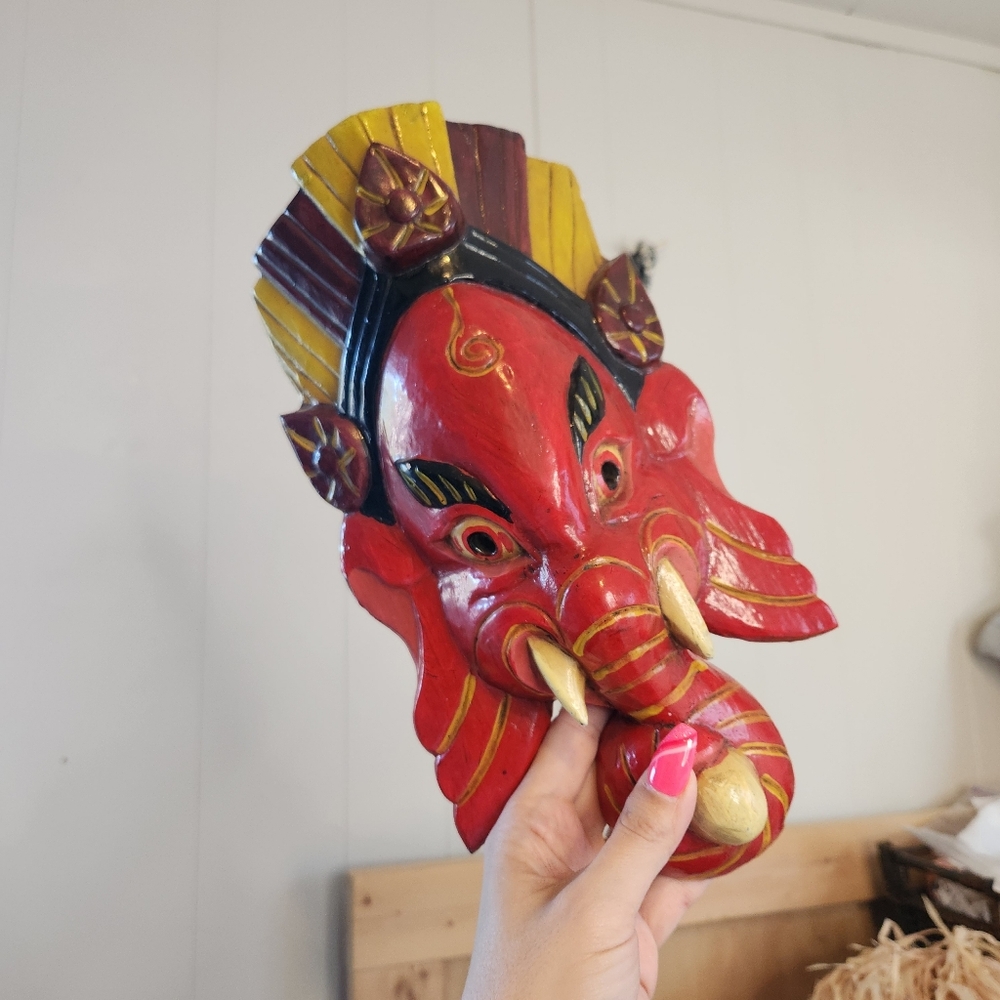 Vintage Hindu Ganesh Wooden Mask Wall Hanging Handmade in Nepal Painted Wood